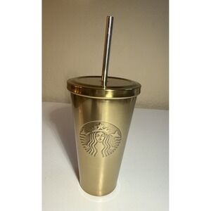 2014 Starbucks Gold Stainless Steel Travel Embossed Siren Cup With Straw Grande